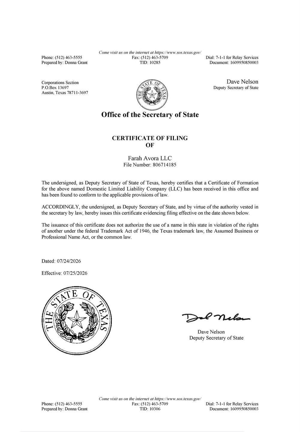 Certificate of Filing — Farah Avora LLC, State of Texas Office of the Secretary of State